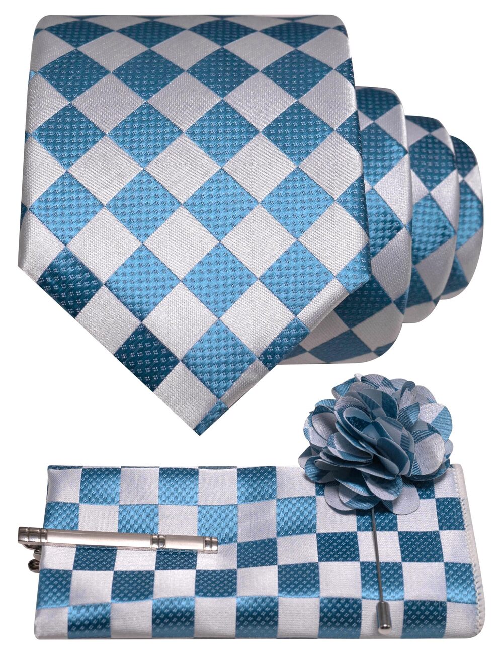8504 Dusty Blue Plaid Tie and Lapel Pin Necktie Pocket Square with Tie Clip